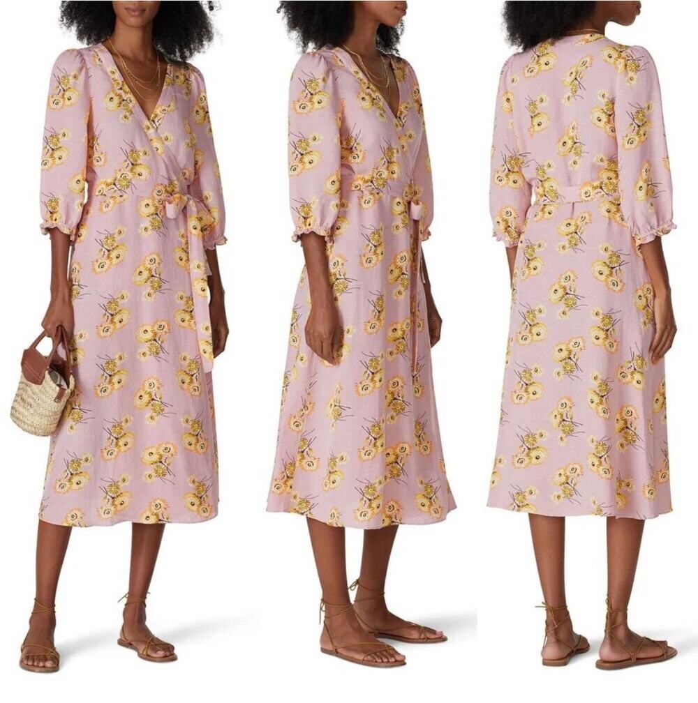 Madewell Linen Blend Pink Floral Wrap Dress Womens Large Yellow Flowers